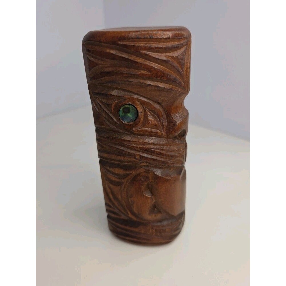 Vintage Hand Carved Wooden Maori Tiki New Zealand Wood Paua Shell Polynesian